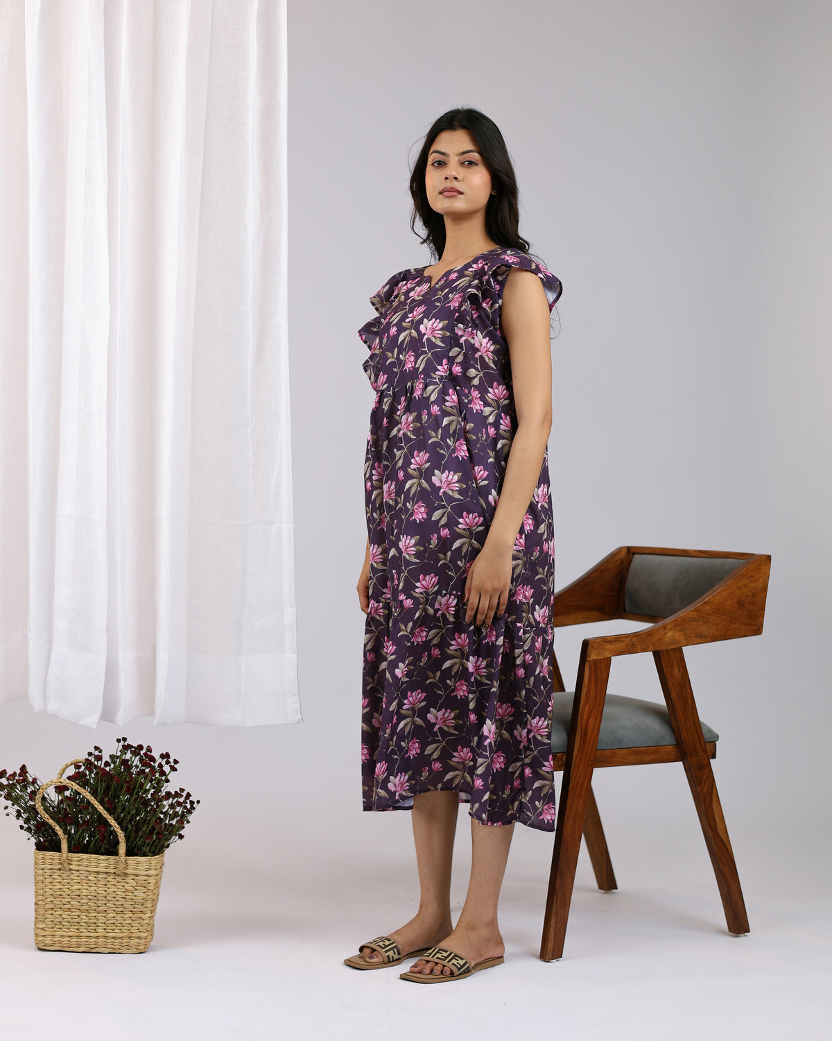 Riva | She Wardrobe Ruffle Sleeve Cotton Maternity & Nursing Dress – Purple Floral