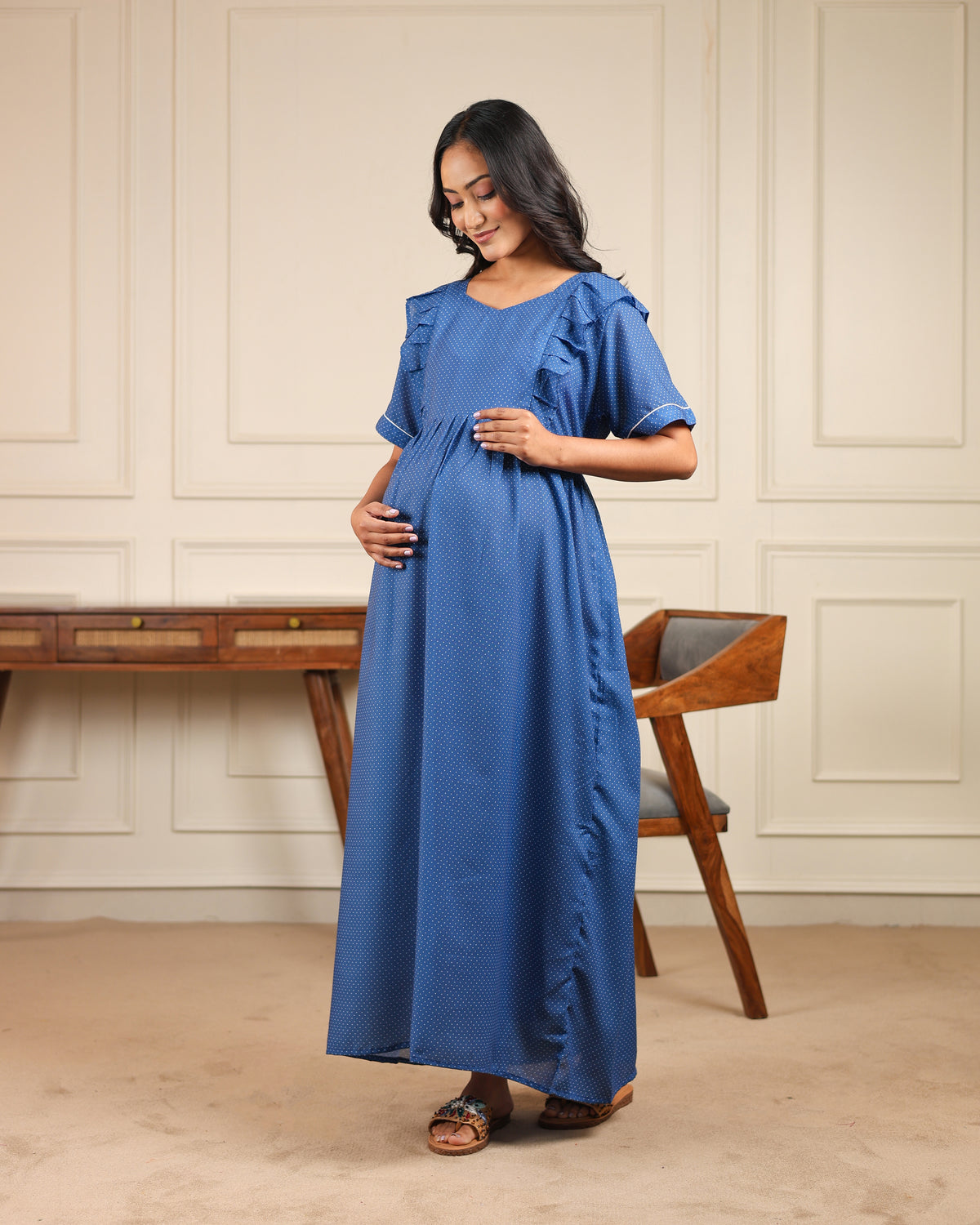 Azure | Blue Polka Dot Premium Cambric Cotton Nursing & Maternity Maxi Dress - Free Size