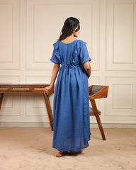 Azure | Blue Polka Dot Premium Cambric Cotton Nursing & Maternity Maxi Dress - Free Size