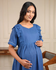 Azure | Blue Polka Dot Premium Cambric Cotton Nursing & Maternity Maxi Dress - Free Size