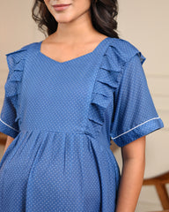 Azure | Blue Polka Dot Premium Cambric Cotton Nursing & Maternity Maxi Dress - Free Size