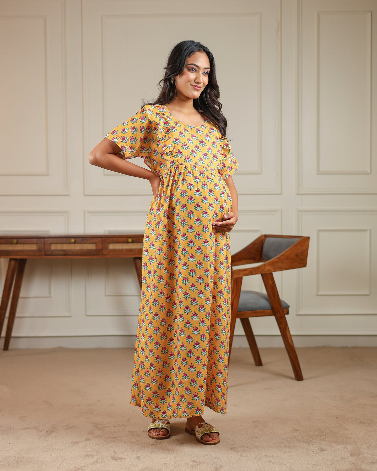Zinnia | Yellow Floral Butti Premium Cambric Cotton Nursing & Maternity Maxi Dress - Free Size