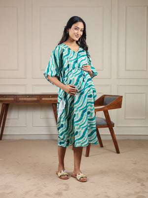 Vela | Teal Swirl Tie-Dye Premium Rayon Nursing Kaftan - Free Size