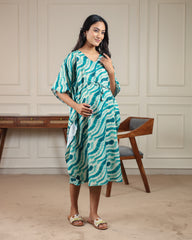 Vela | Teal Swirl Tie-Dye Premium Rayon Nursing Kaftan - Free Size