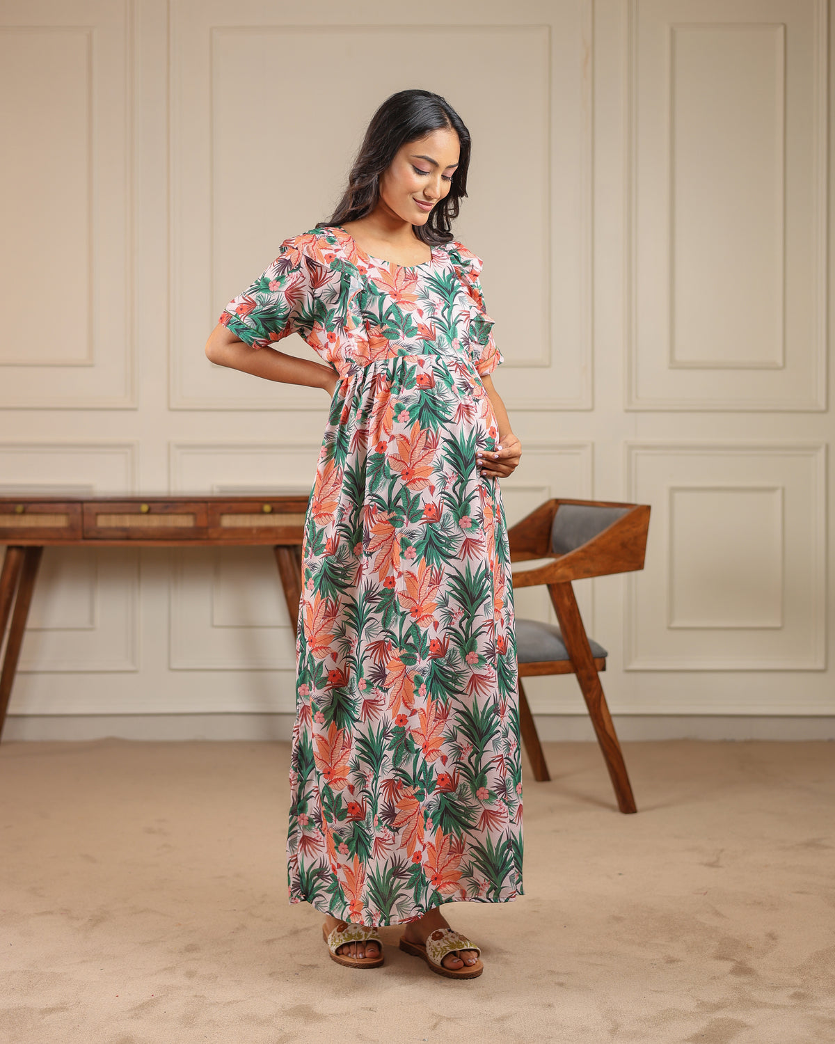Eden | Tropical Leaf Print Premium Cambric Cotton Nursing & Maternity Maxi Dress - Free Size