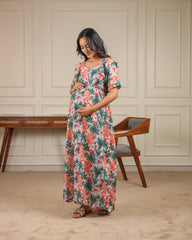 Eden | Tropical Leaf Print Premium Cambric Cotton Nursing & Maternity Maxi Dress - Free Size