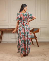 Eden | Tropical Leaf Print Premium Cambric Cotton Nursing & Maternity Maxi Dress - Free Size