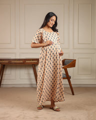 Terra | Peach Geometric Diamond Premium Cambric Cotton Nursing & Maternity Maxi Dress - Free Size
