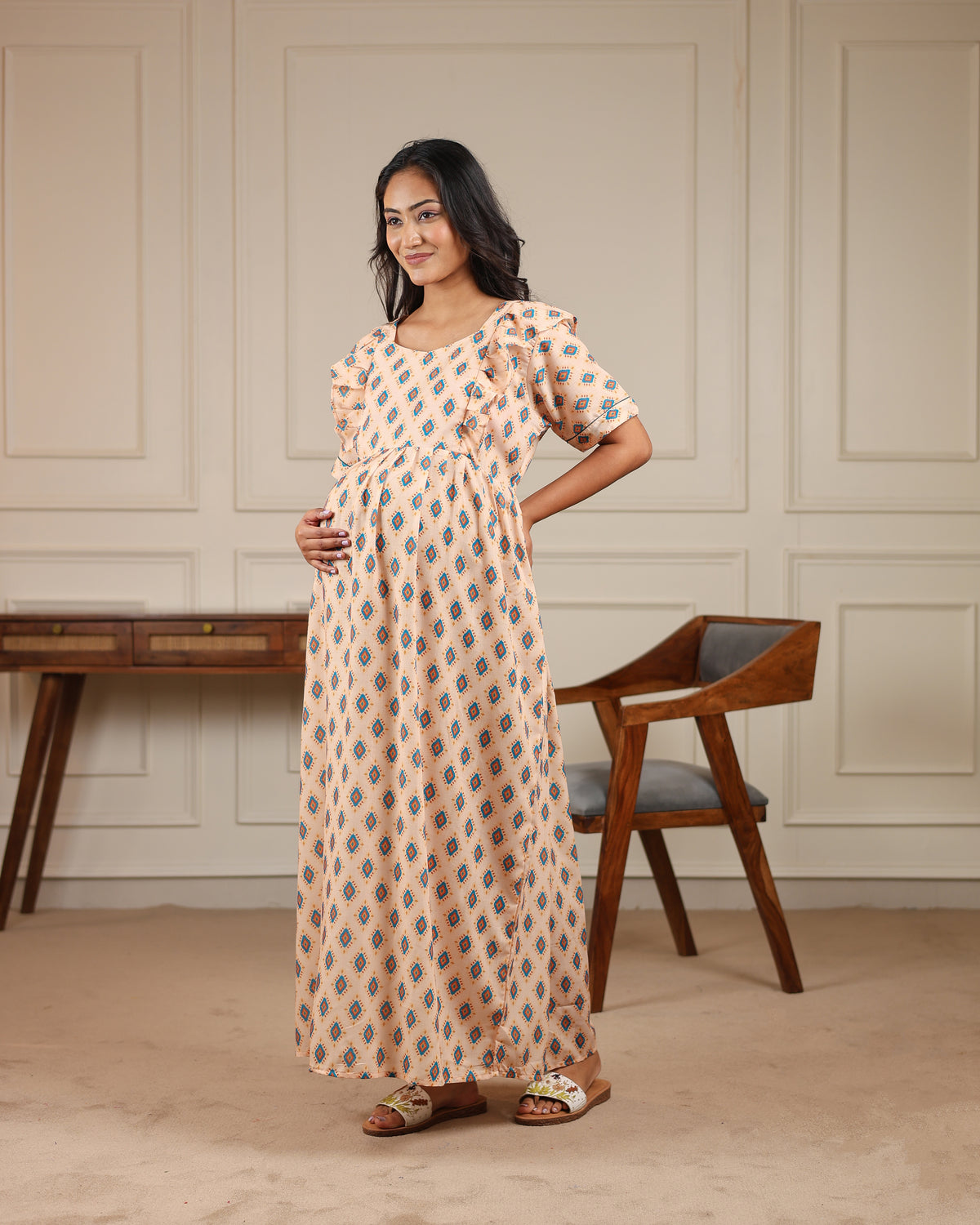 Terra | Peach Geometric Diamond Premium Cambric Cotton Nursing & Maternity Maxi Dress - Free Size