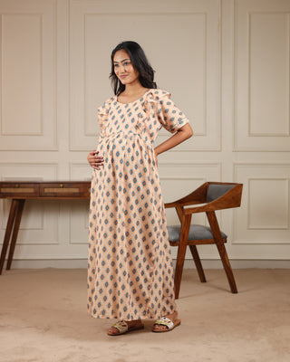 Terra | Peach Geometric Diamond Premium Cambric Cotton Nursing & Maternity Maxi Dress - Free Size