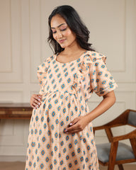 Terra | Peach Geometric Diamond Premium Cambric Cotton Nursing & Maternity Maxi Dress - Free Size