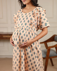 Terra | Peach Geometric Diamond Premium Cambric Cotton Nursing & Maternity Maxi Dress - Free Size