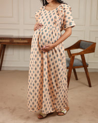 Terra | Peach Geometric Diamond Premium Cambric Cotton Nursing & Maternity Maxi Dress - Free Size