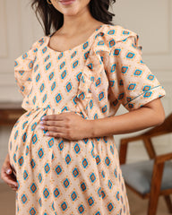Terra | Peach Geometric Diamond Premium Cambric Cotton Nursing & Maternity Maxi Dress - Free Size