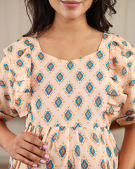 Terra | Peach Geometric Diamond Premium Cambric Cotton Nursing & Maternity Maxi Dress - Free Size