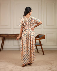 Terra | Peach Geometric Diamond Premium Cambric Cotton Nursing & Maternity Maxi Dress - Free Size