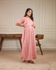 Blush | Pink Daisy Print Premium Cambric Cotton Nursing & Maternity Maxi Dress - Free Size