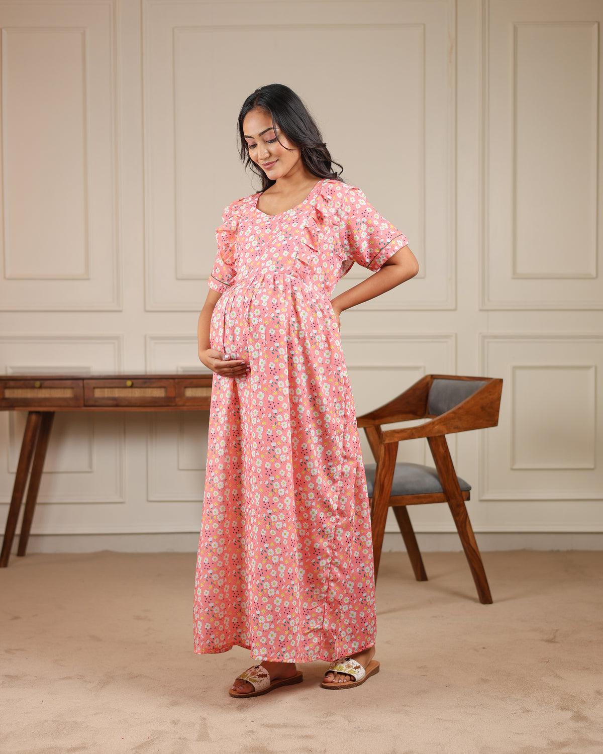 Blush | Pink Daisy Print Premium Cambric Cotton Nursing & Maternity Maxi Dress - Free Size