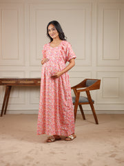 Blush | Pink Daisy Print Premium Cambric Cotton Nursing & Maternity Maxi Dress - Free Size
