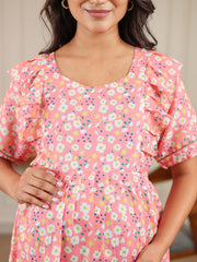 Blush | Pink Daisy Print Premium Cambric Cotton Nursing & Maternity Maxi Dress - Free Size