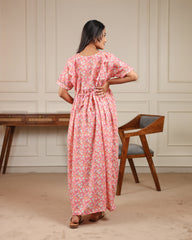 Blush | Pink Daisy Print Premium Cambric Cotton Nursing & Maternity Maxi Dress - Free Size