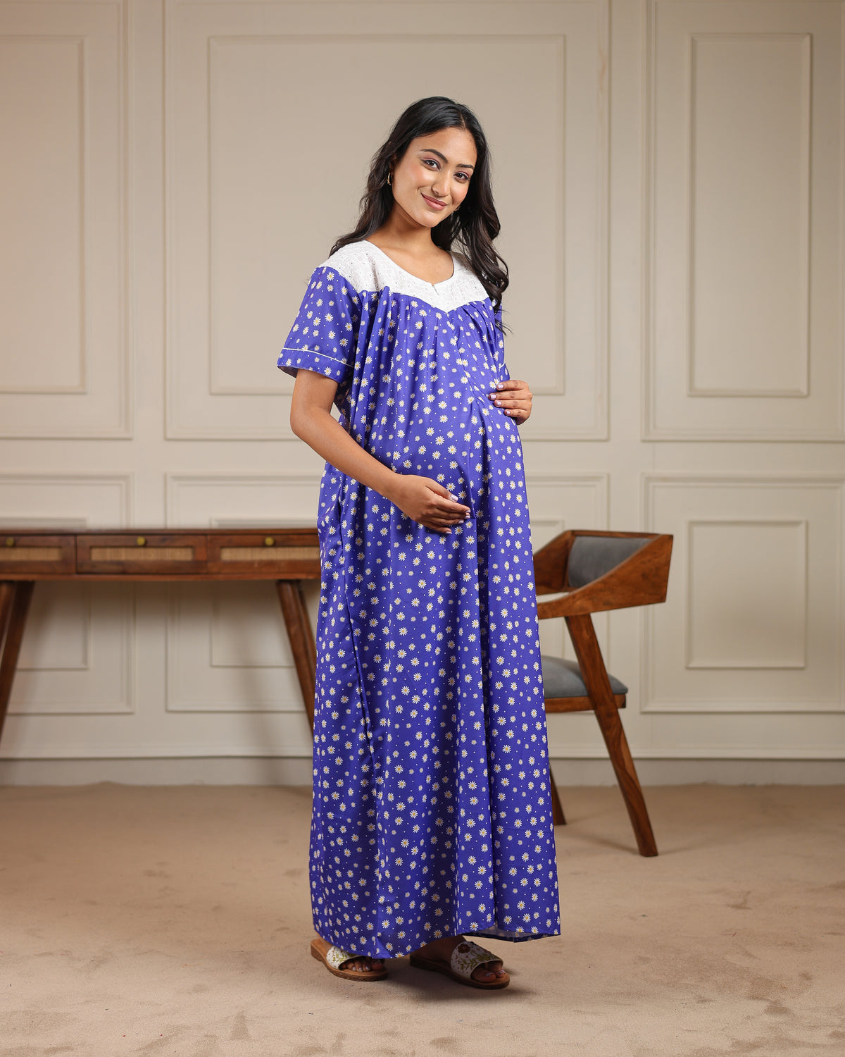 Daisy | She Wardrobe Lace Yoke Premium Cotton Maternity & Nursing Gown – Royal Blue
