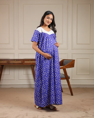 Daisy | She Wardrobe Lace Yoke Premium Cotton Maternity & Nursing Gown – Royal Blue