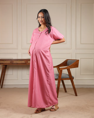Blush | Premium Soft Cotton Button Down Polka Dot Nighty – Dusty Rose