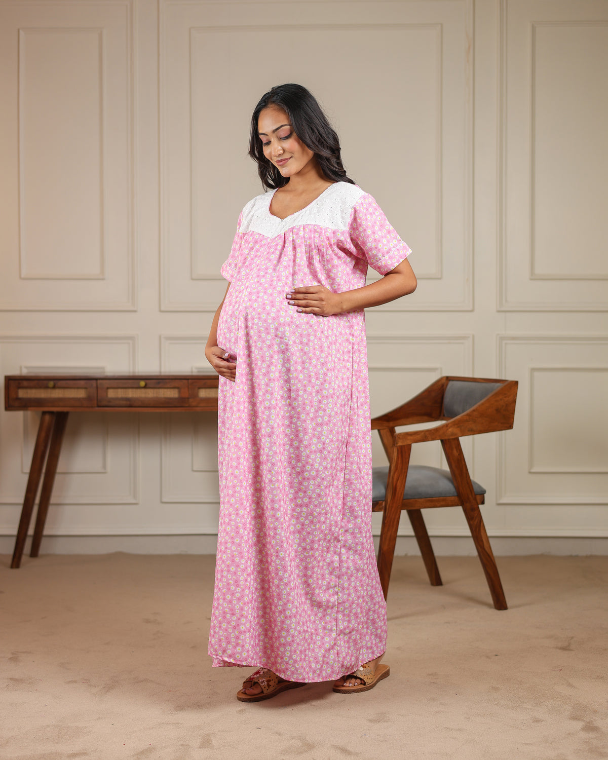 Petal | She Wardrobe Lace Yoke Premium Cotton Maternity & Nursing Gown – Pink Daisy