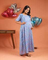 Iris | Lavender Floral Bloom Premium Cambric Cotton Nursing & Maternity Maxi Dress - Free Size