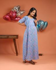 Iris | Lavender Floral Bloom Premium Cambric Cotton Nursing & Maternity Maxi Dress - Free Size