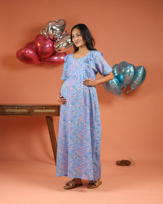 Iris | Lavender Floral Bloom Premium Cambric Cotton Nursing & Maternity Maxi Dress - Free Size
