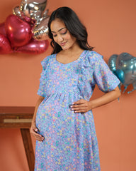 Iris | Lavender Floral Bloom Premium Cambric Cotton Nursing & Maternity Maxi Dress - Free Size