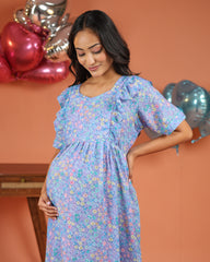 Iris | Lavender Floral Bloom Premium Cambric Cotton Nursing & Maternity Maxi Dress - Free Size
