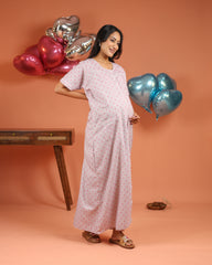 Amour | Premium Soft Cotton Button Down Heart-Print Nighty – Lilac Grey