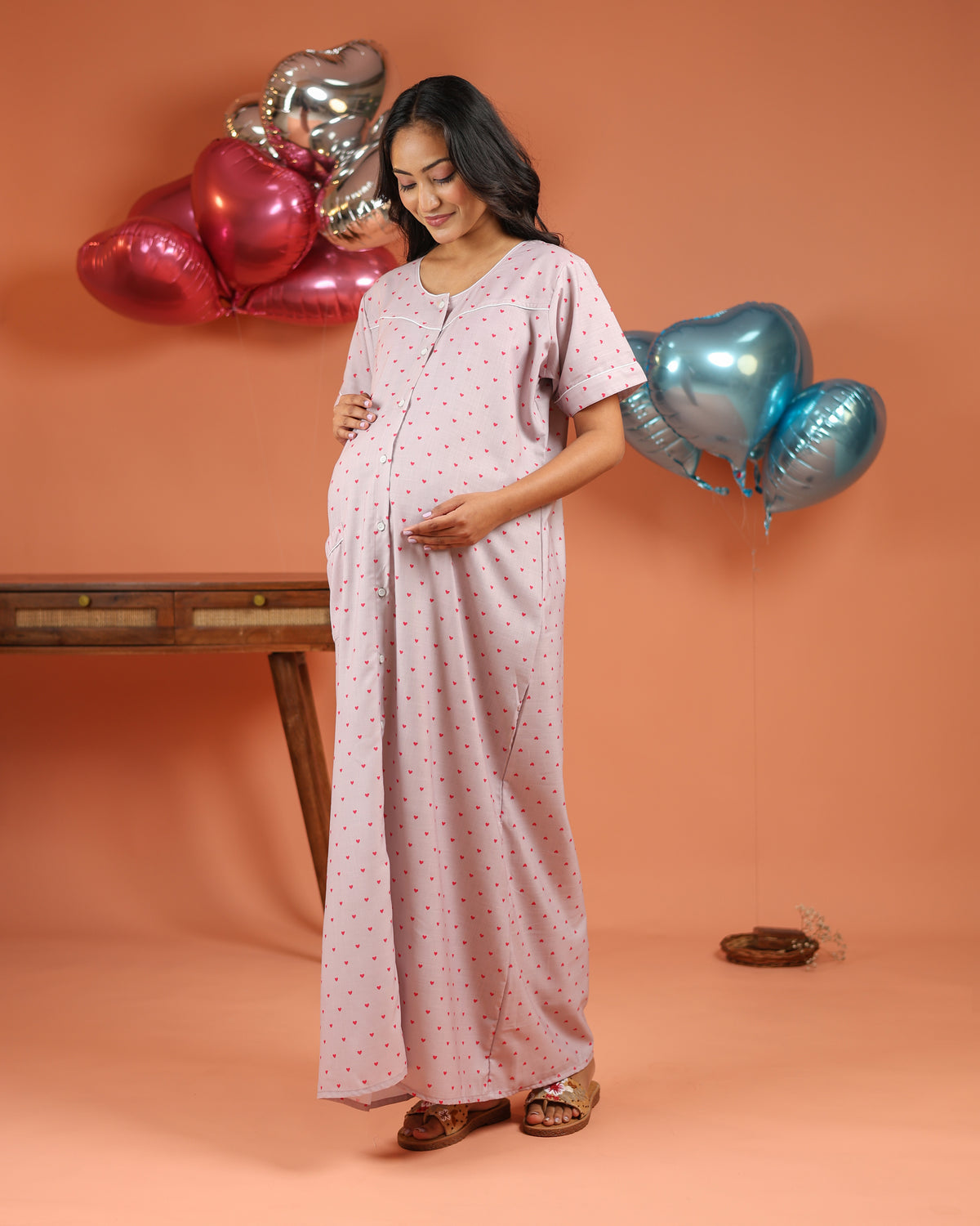 Amour | Premium Soft Cotton Button Down Heart-Print Nighty – Lilac Grey