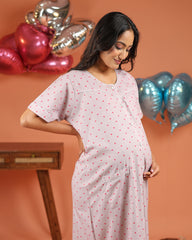 Amour | Premium Soft Cotton Button Down Heart-Print Nighty – Lilac Grey