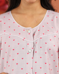 Amour | Premium Soft Cotton Button Down Heart-Print Nighty – Lilac Grey