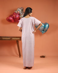 Amour | Premium Soft Cotton Button Down Heart-Print Nighty – Lilac Grey