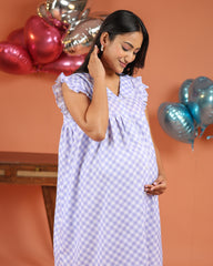 Lila | Lavender Gingham Check Button-Down Maternity & Nursing Dress