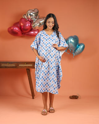 Kaya | Blue Ikat Diamond Print Premium Rayon Nursing Kaftan - Free Size