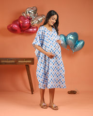 Kaya | Blue Ikat Diamond Print Premium Rayon Nursing Kaftan - Free Size