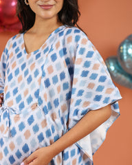 Kaya | Blue Ikat Diamond Print Premium Rayon Nursing Kaftan - Free Size