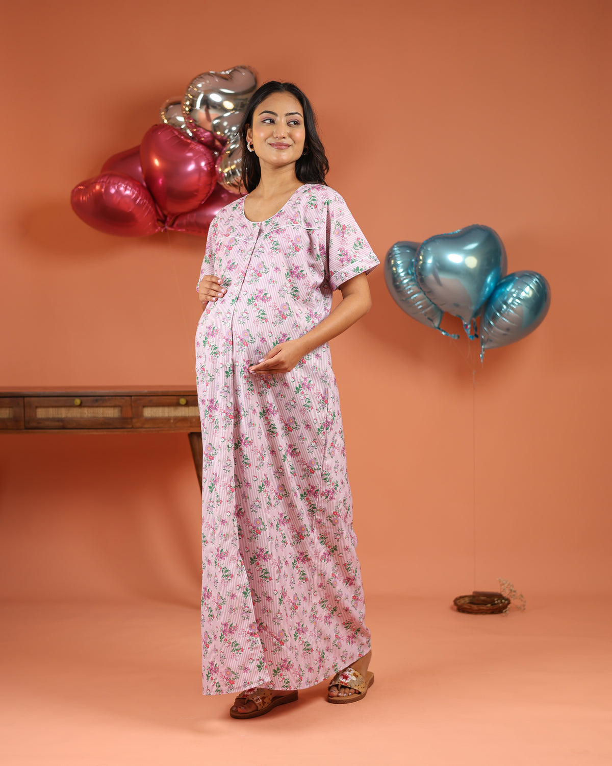 Flora | Premium Soft Cotton Button Down Floral Striped Nighty – Pink Bloom