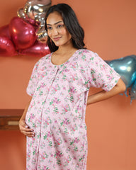 Flora | Premium Soft Cotton Button Down Floral Striped Nighty – Pink Bloom