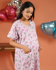 Flora | Premium Soft Cotton Button Down Floral Striped Nighty – Pink Bloom