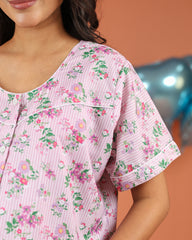 Flora | Premium Soft Cotton Button Down Floral Striped Nighty – Pink Bloom