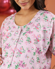 Flora | Premium Soft Cotton Button Down Floral Striped Nighty – Pink Bloom