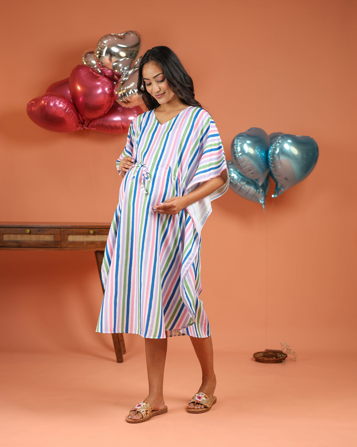 Sola | Multi-Color Pastel Stripe Premium Rayon Nursing Kaftan - Free Size