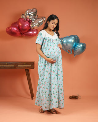 Rosie | She Wardrobe Lace Yoke Premium Cotton Maternity & Nursing Gown – Aqua Rose